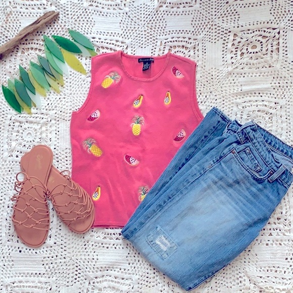 eagle’s eye Tops - Vintage fruit print embroidered cotton tank